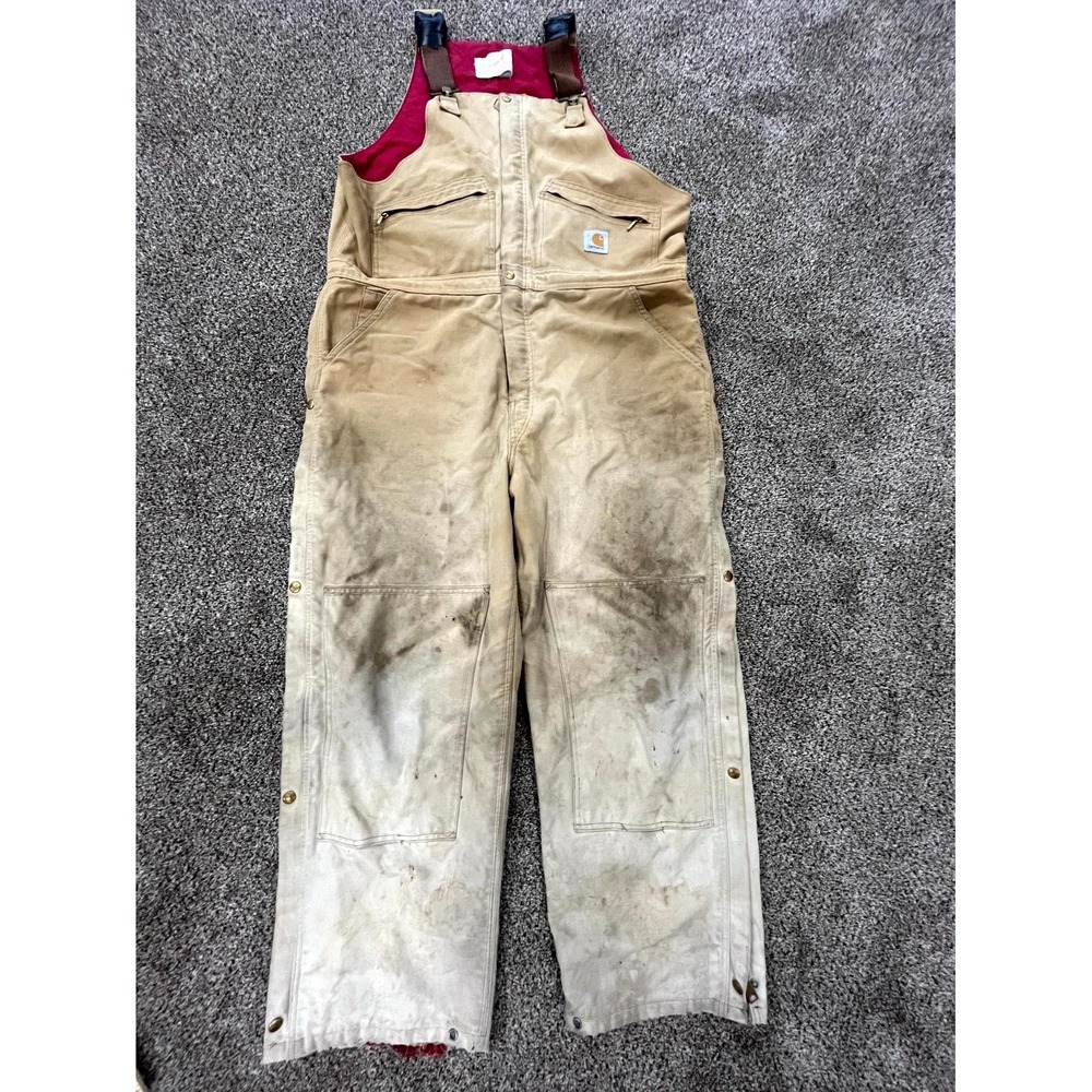 Vintage 90s Carhartt Insulated Bib Overalls Mens 44x30 Tan Red Quilted Lined